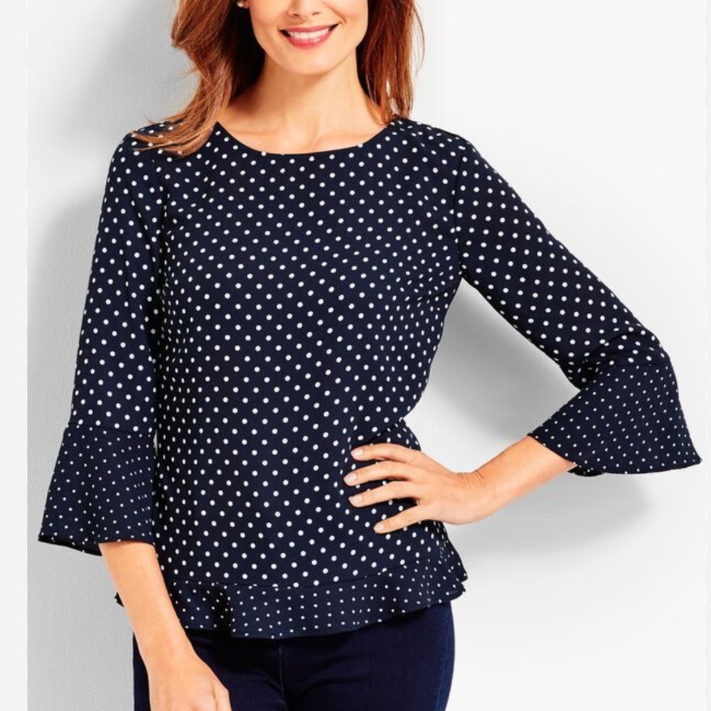 Talbots Navy Polka Dot Ruffle Bell Sleeve Hem Keyhole Back Top Blouse Size XS
